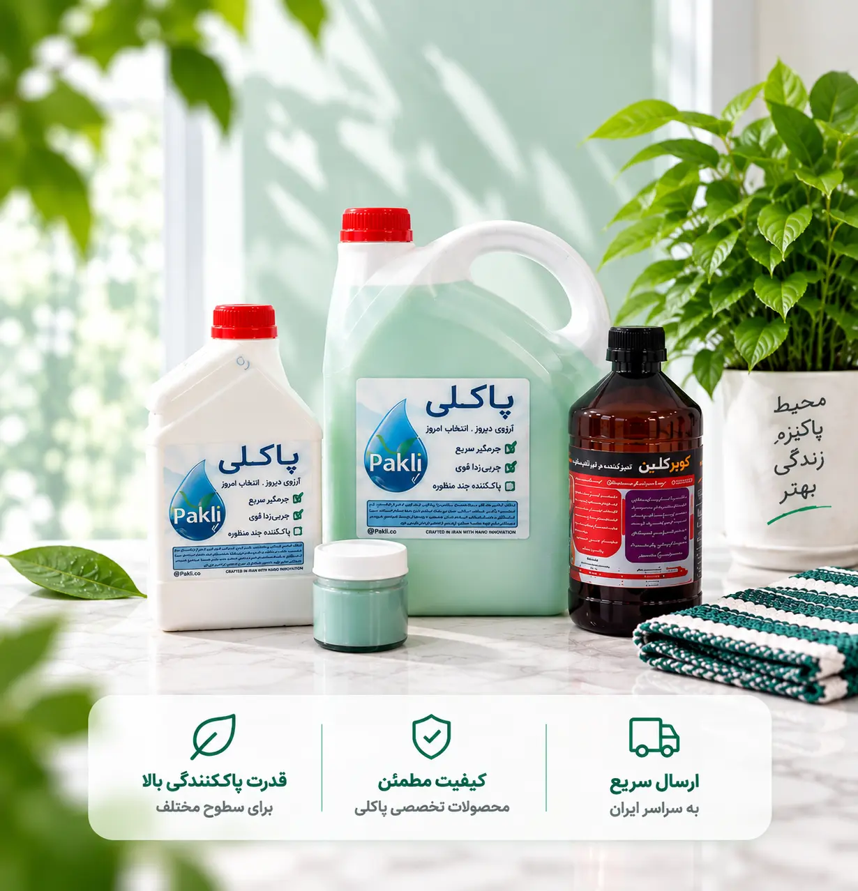 محصولات شوینده تخصصی پاکلی شامل چربی‌زدا، جرم‌گیر و پولیش